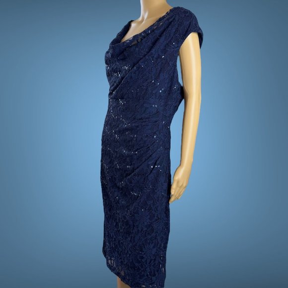 Ralph Lauren|Sheath Long Dress|Size 10|Navy Blue|Full Lace|Sequin|Lined|Stretch - Picture 5 of 16
